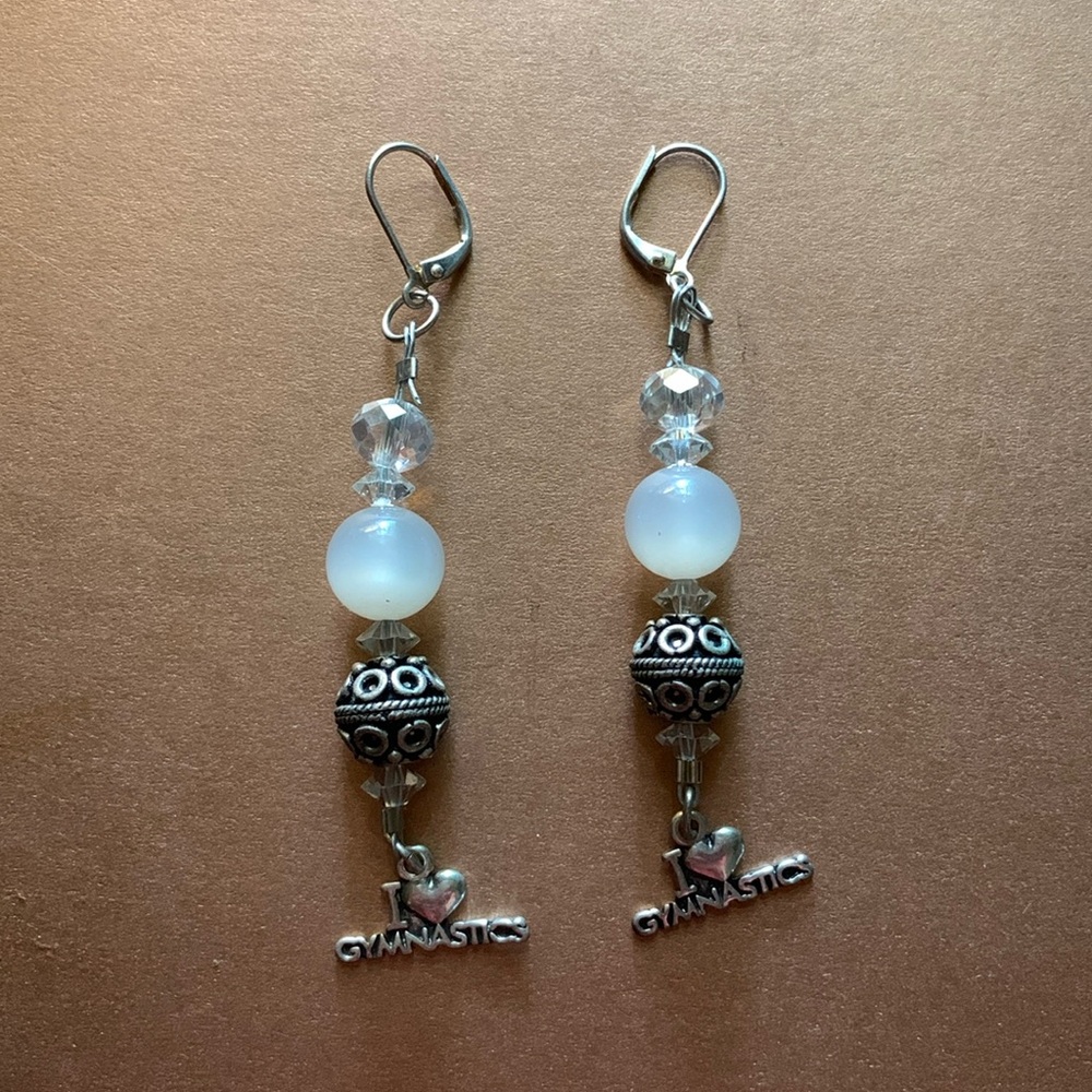 Hand Crafted “I Love Gymnastics” Beaded Dangle Earrings NWOT
